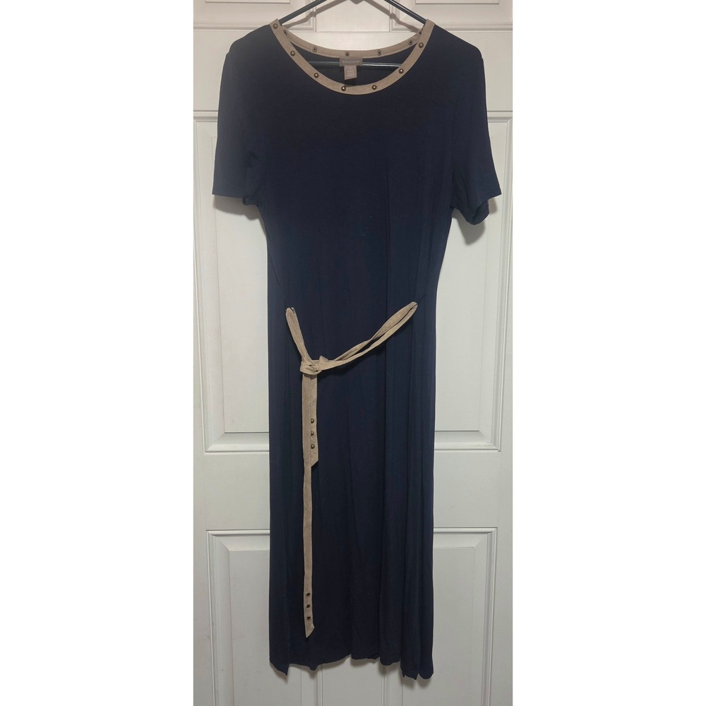 Chicos Navy Blue Faux Leather Trim Studded Maxi Dress Size 1 Medium Short Sleeve